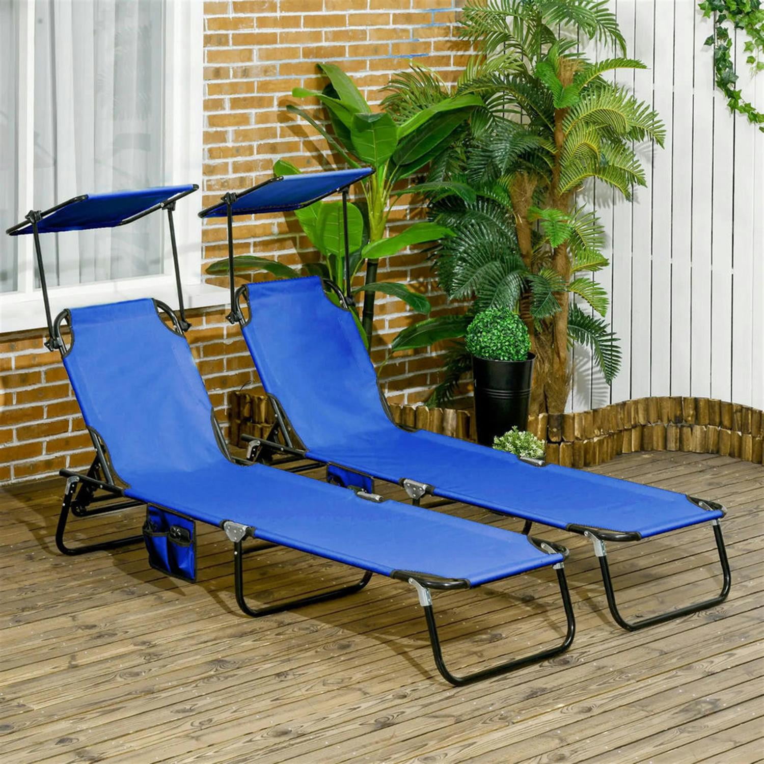 Demi Bonn Folding Pool Chaise Lounge Chairs Set of 2 with Sunshade, Reclining Back, Durable Steel Frame Relaxation, Weatherproof Outdoor Patio Seating, Blue