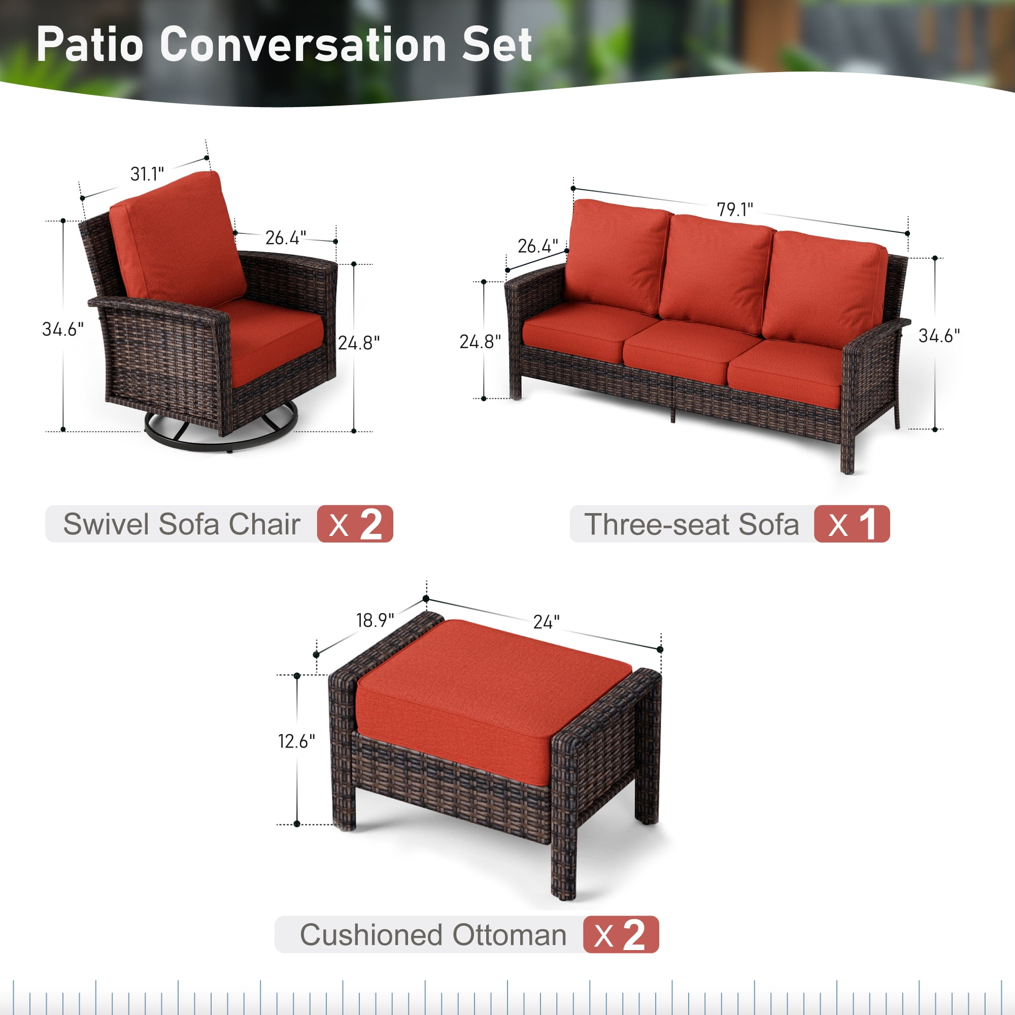 SUMMIT LIVING 7-Seat Wicker Patio Furniture Set with 2 Swivel Chairs & 3-Seat Sofa with 2 Ottoman, Outdoor Sectional Conversation Set for Garden, Red