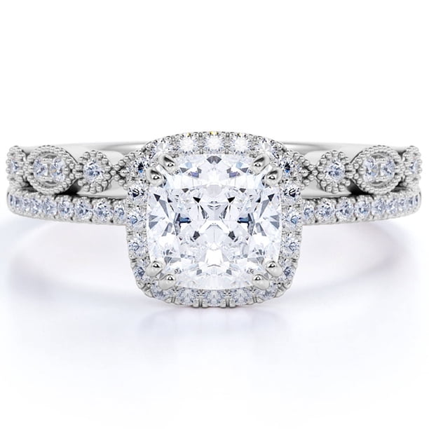 JeenMata Anillo de Bodas Vintage con Halo de Diamantes y Moissanita de Talla Cojín de 1,5 Quilates Engastado en Oro Blanco de 10 K