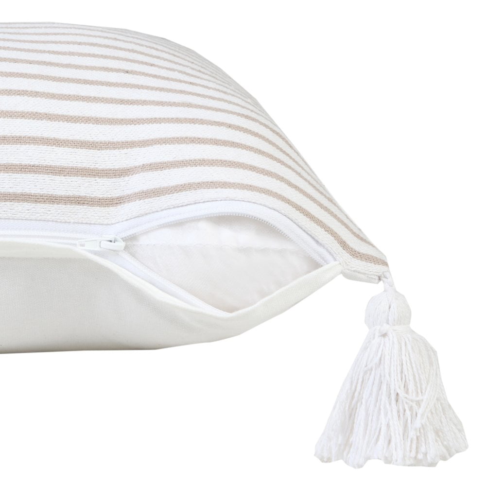 LR Home Ox Bay Hand-Woven Beige/White Stripe All-Natural Cotton Pillow Cover