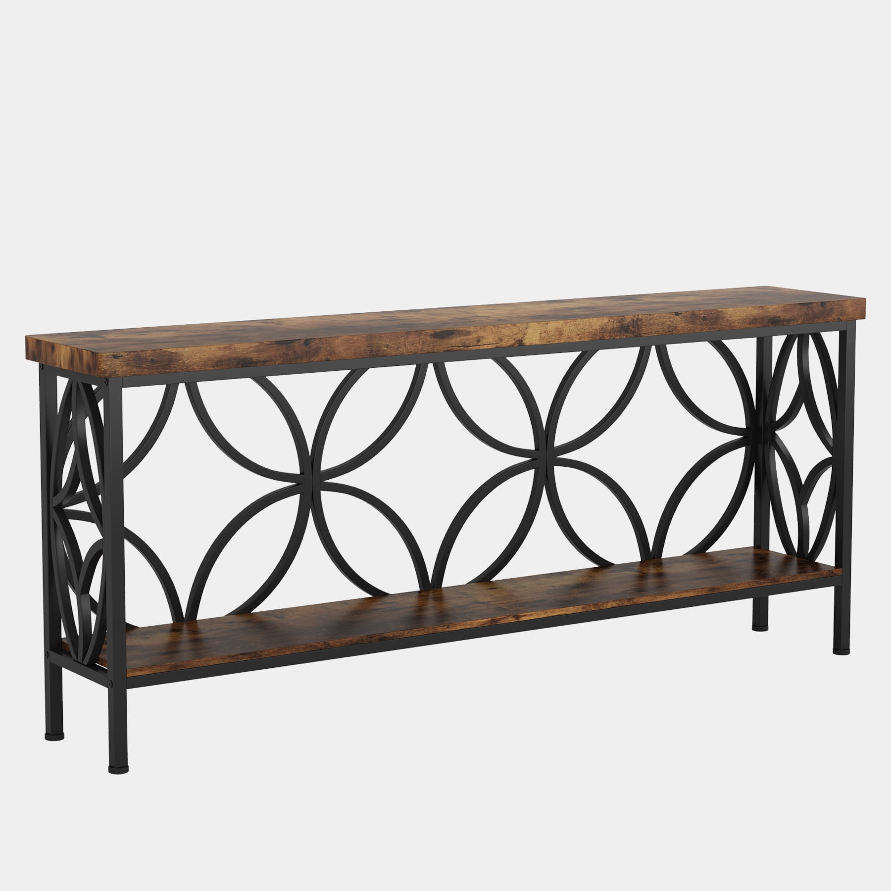 Fnova 70.9" Industrial Console Table, 2-Tier Wood Storage Narrow Sofa Table, Behind Couch with Metal Frame, for Living Room, Entryway, Foyer, Easy Assembly
