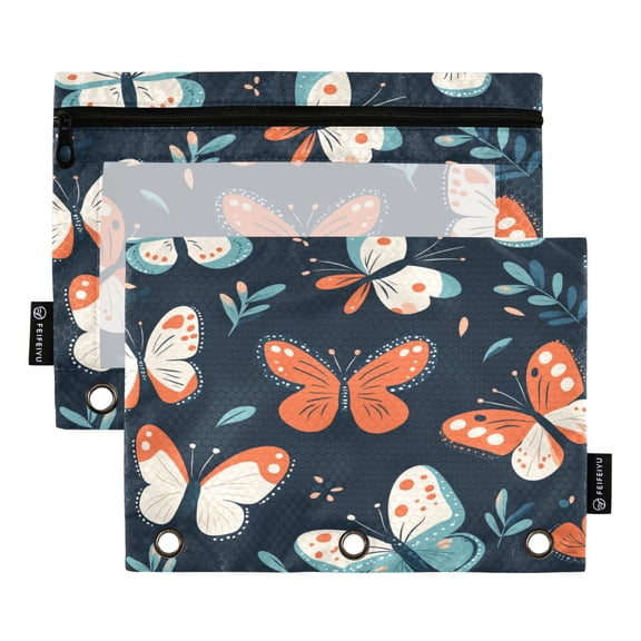 2 Pack 3 Ring Binder Pouch with Clear PVC Window Water Resistant Zipper Pencil Pouch Butterfiles Binder Pocket for Classroom Office Home Stationery Organization