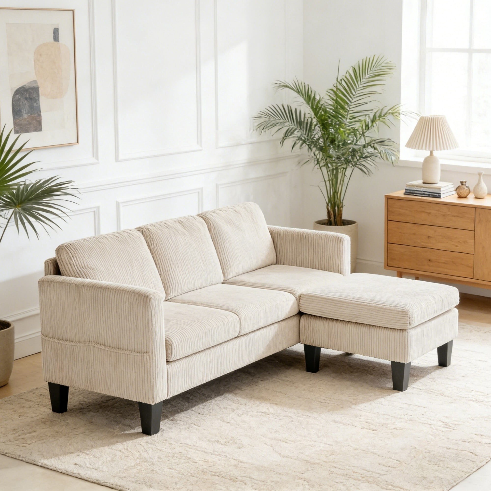 AENKYO 67" L-Shaped Corduroy Sectional Sofa with Storage Ottoman, Modern 3-Seat Couch w/ Side Pockets, Beige