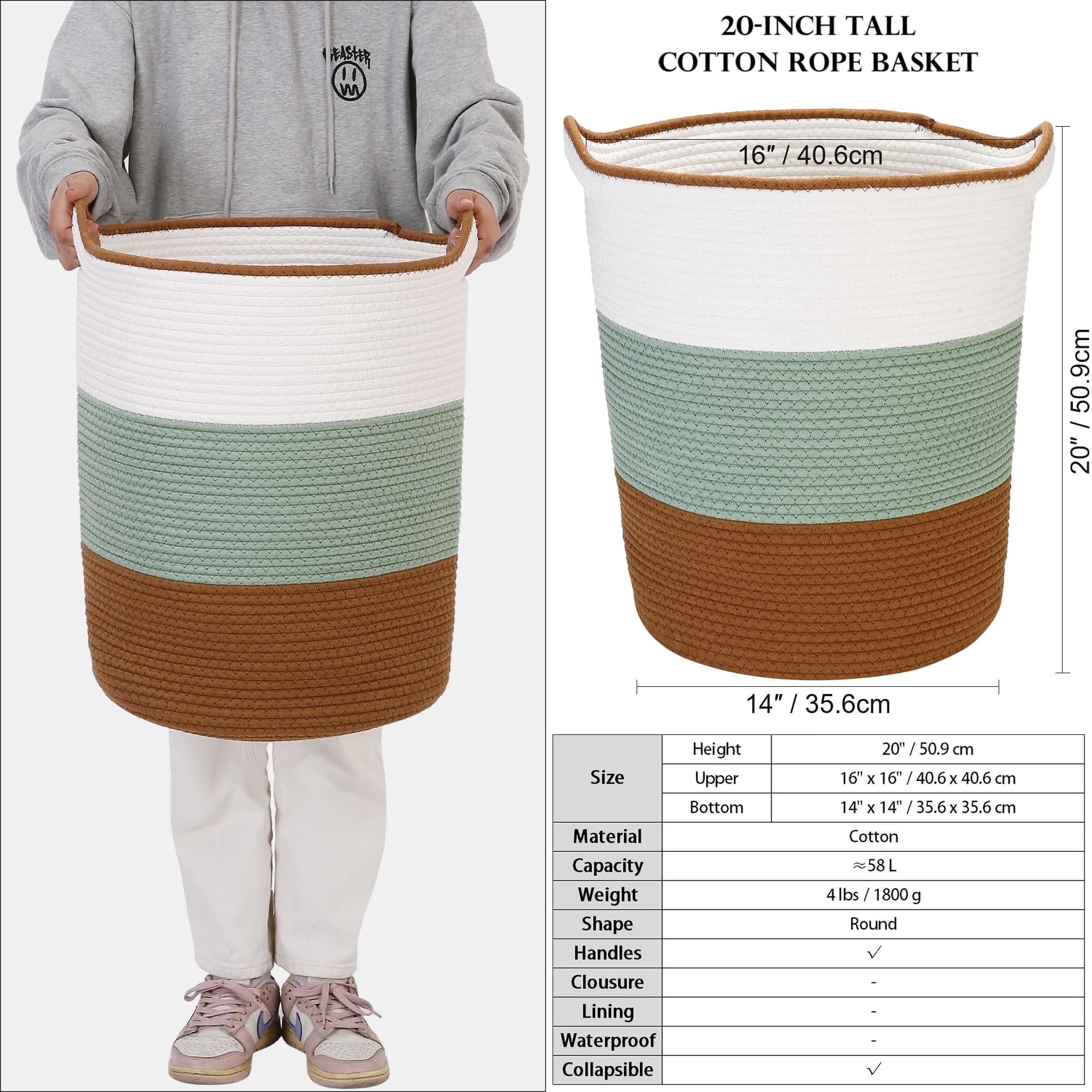 Sea Team Large Size Cotton Rope Woven Storage Basket Laundry Hamper with Handles, 14 x 20 inches, Green & Brown