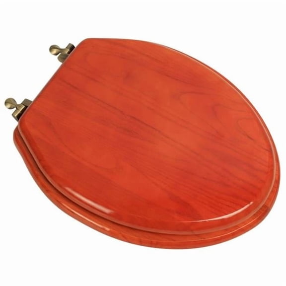 Plumbing Technologies 5F1E2-15AB Designer Solid Elongated Oak Wood Toilet Seat with Antique Brass Hinges, American Cherry
