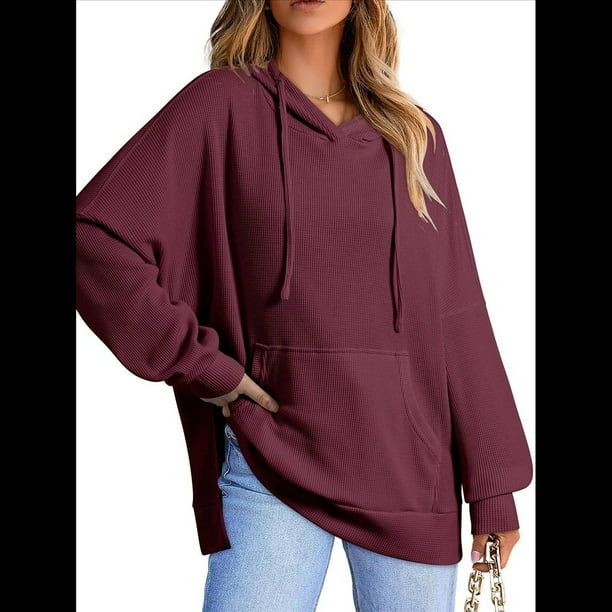 Sudadera con Capucha Extragrande para Mujer, Informal, de Larga, de Punto Gofre, con Cordón Ajustable y Abertura Lateral con Bolsillo. Vino Tinto XXL
