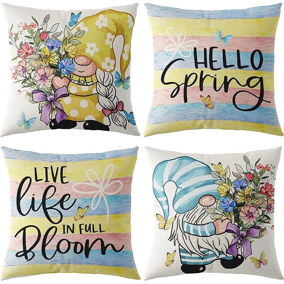 Hello Spring Gnome Decorative Throw Pillow Covers 18 x 18 Set of 4, Spring Just Bloom Flower Cushion Case Decor, Floral Farmhouse Seasonal Home Spring Decoration for Sofa Couch