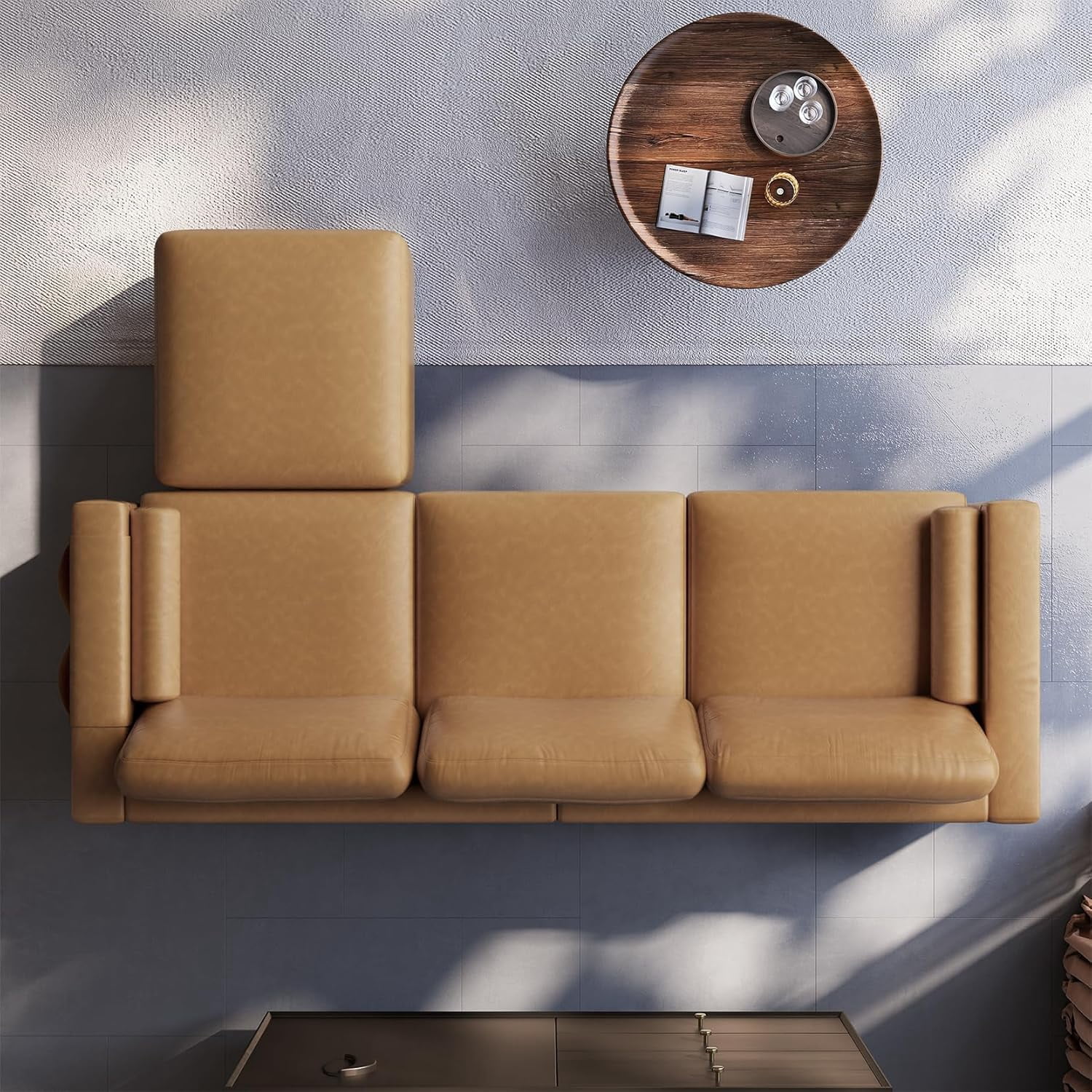 Neche 100" Faux Leather Couch with Movable Ottoman, 3 Seater L Shaped PU Leather Sofa with Side Pocket, Comfy Mid Century Modern Modular Sectional Couch for Living Room, Apartment, Camel
