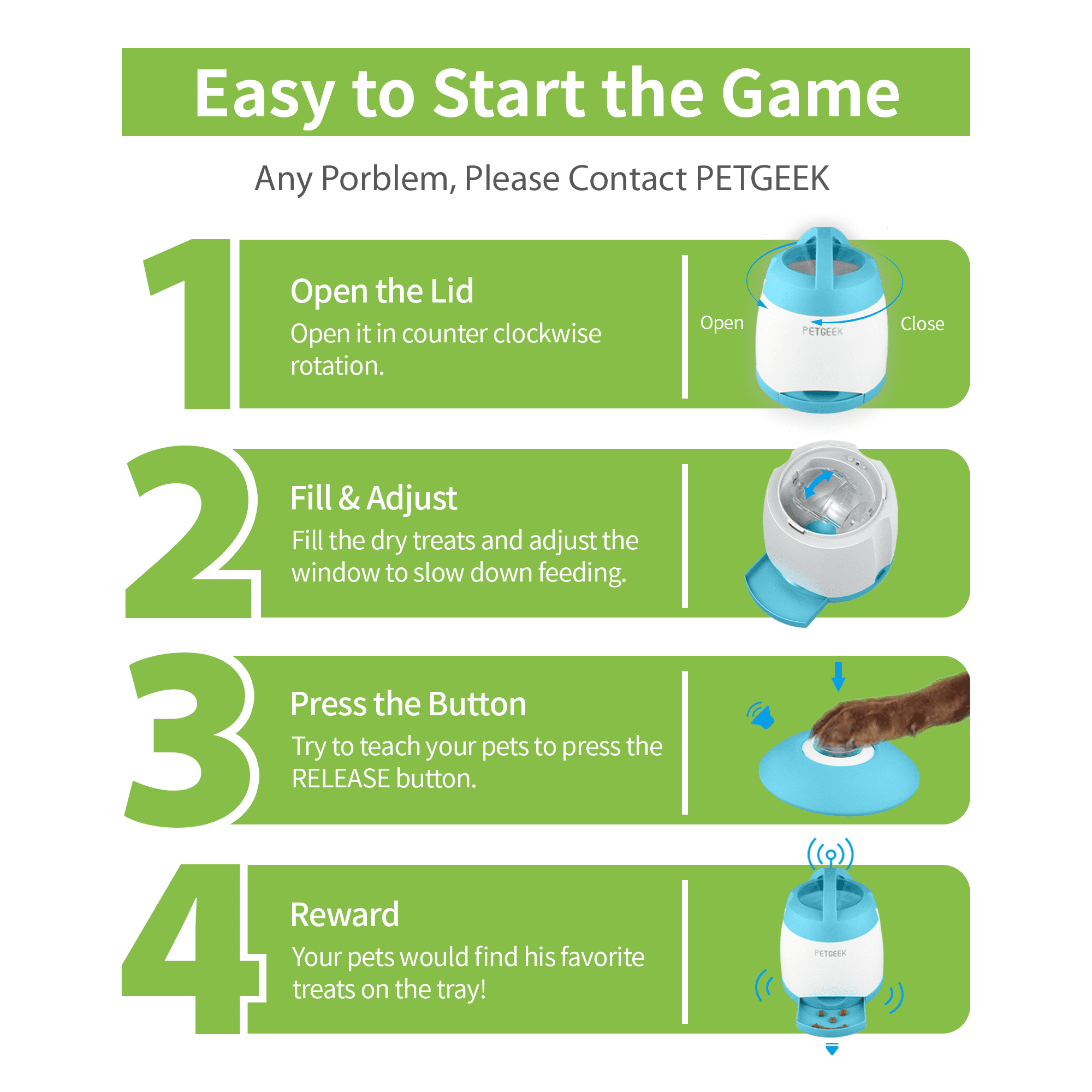 PETGEEK Automatic Dog Treat Dispenser, Interactive Pet Toy Food Dispensing for IQ Training, Dog Food Dispenser with Button Remote Push, Dual Power Supply for Indoor