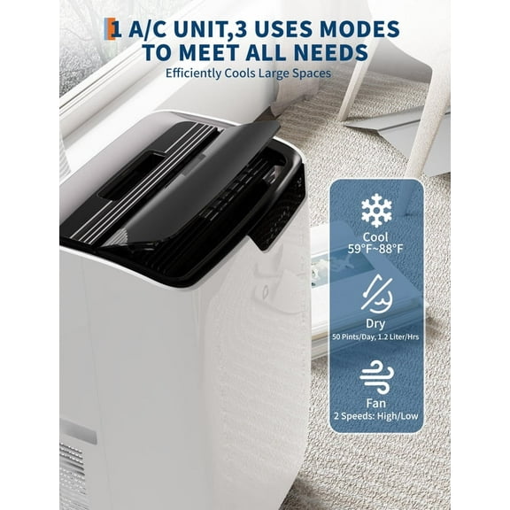 12000Btu Portable Air Conditioner with Cooling/Dehumidify/Fan Mode Cools up to 750 Sq.Ft, 3-in-1 Quiet Portable AC Unit 3 Speed, Auto Swing, 24H Timer for Large Room