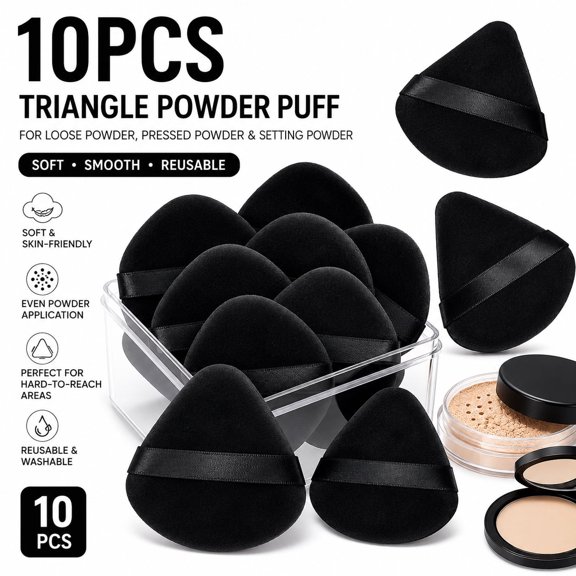 10PCS Black Triangle Powder Puff Makeup Applicator, Soft Velour Face Powder Puff for Loose Powder, Pressed Powder and Setting Powder, Reusable Cosmetic Puff with Finger Strap for Flawless Makeup Fini