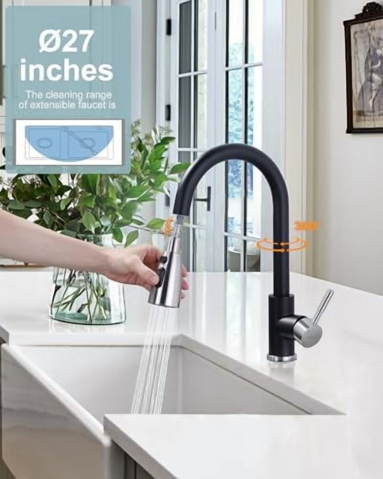 Kitchen Faucets for Sink 1 or 3 Hole, High Arc Stainless Steel Kitchen Sink Faucet with Sprayer, Brushed Nickel and Black Faucet for Kitchen RV Laundry Sinks