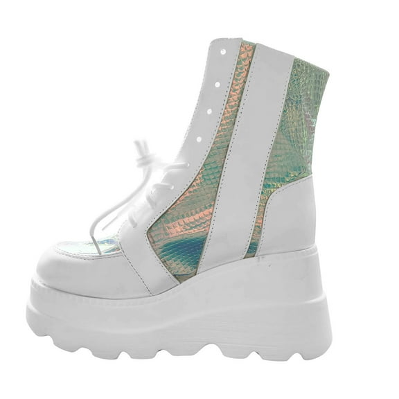 KELINFONG Platform Fashion Multicolor Wedge Ankle Booties for Women Round Toe Lace up Zip High Heel Combat Boots