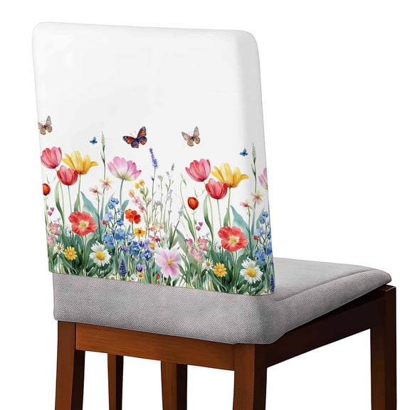 Spring Farmhouse Chair Covers Set of 1 Floral Nature Colorful Wildflower Butterfly Chair Back Covers Stretch Removable Washable Slipcovers Protector for Dining Room Kitchen Party Decor