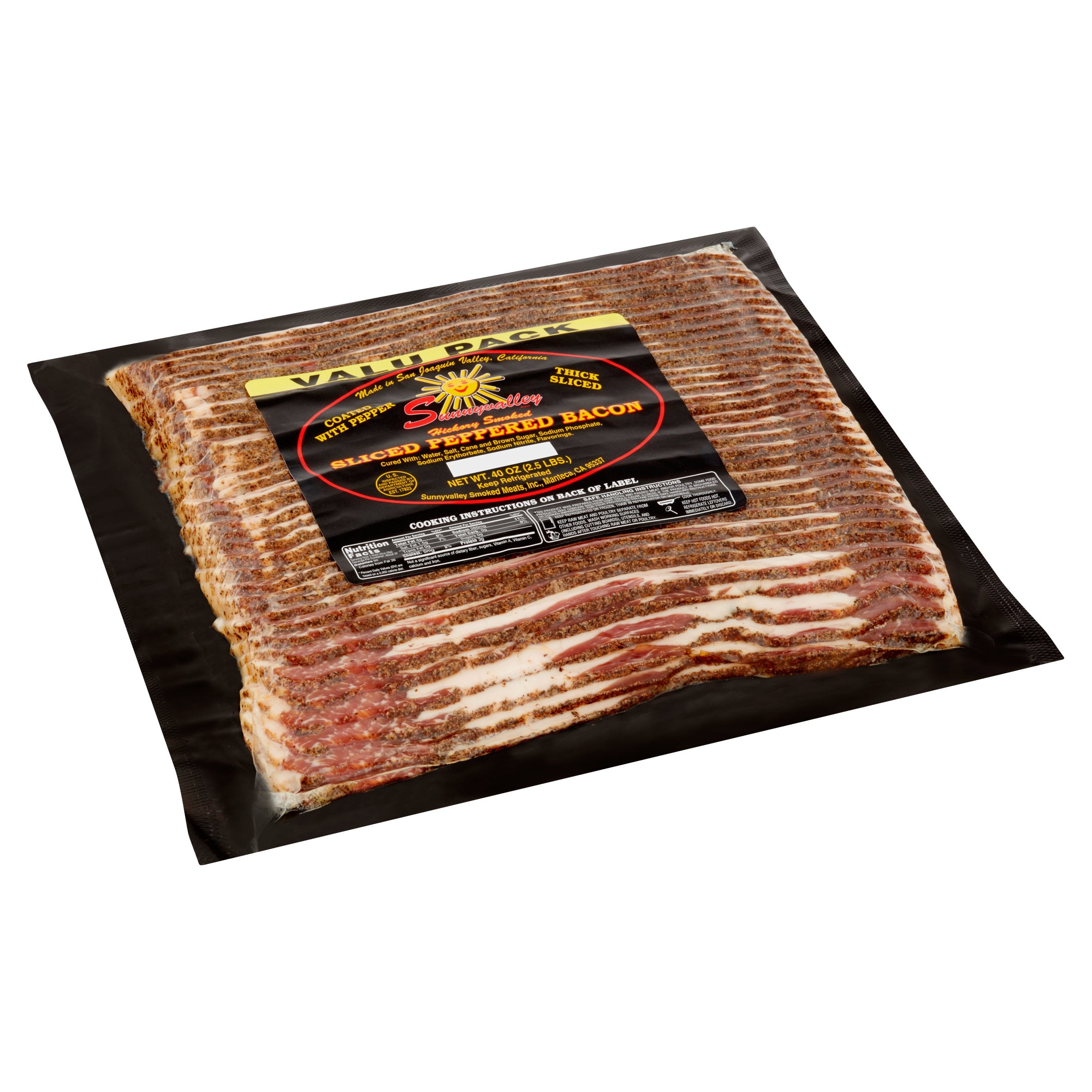 Sunnyvalley Sliced Peppered Pork Bacon, 40 oz, Vacuum Sealed in Plastic, Ready to Cook