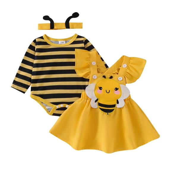 Elippeo Baby Girls Autumn Skirt Sets Flying Sleeve Romper Bee/Beetle Embroidery Suspender Dress Headband Sets 3 6 9 12 18 Months