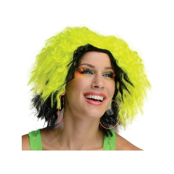 Sexy Adult Womens 80s Neon Chic Yellow Black Rave Dance Costume Wavy Wig