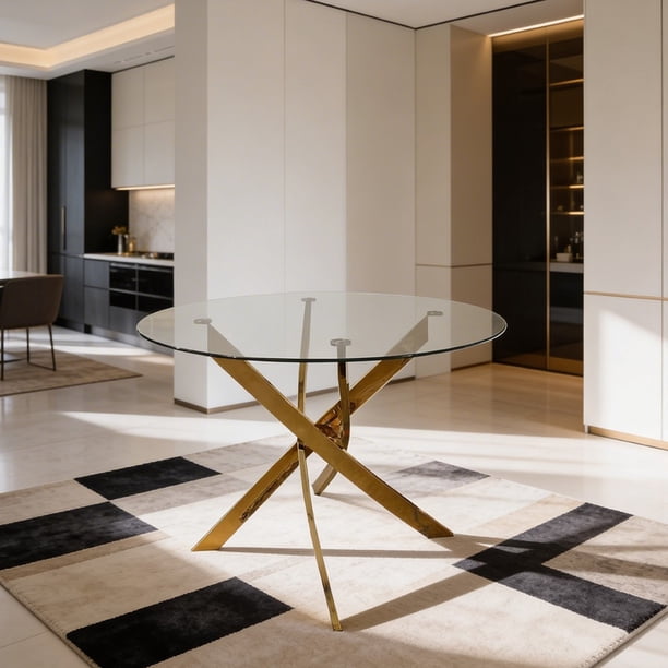 Mesa Redonda Comedor Blue Room Denver 4 Personas Cristal Vidrio Base Cromada Color Dorado Estilo Luxury Moderno 100 x 100 x 75 cm