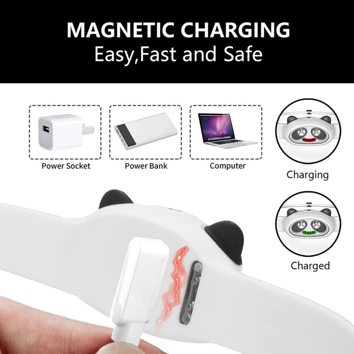 Panda Design Rechargeable LED Headlamp for Kids & Adults Waterproof, 6 Modes, 24H Battery, Adjustable & Comfortable for Camping, Fishing, Running, Reading(White)