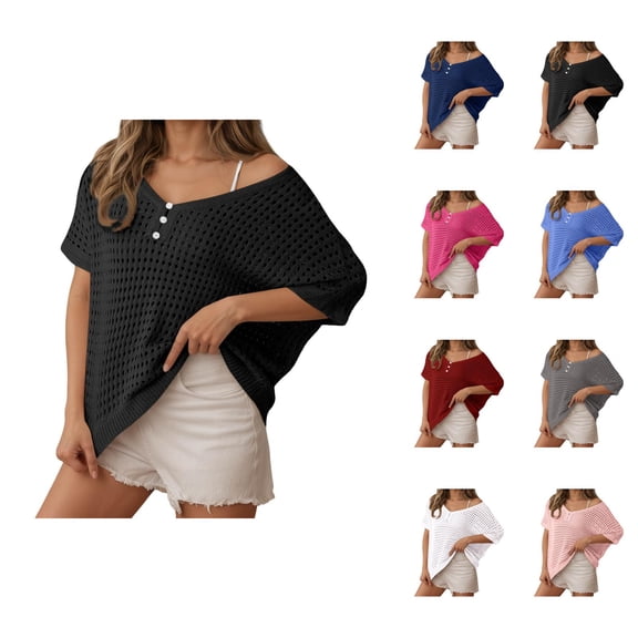 Womens T-Shirts Sexy Hollow Out Short Sleeve Summer Casual Knit Top Beach Cover Ups Blouse Crew Neck Solid Color Tee Vacation Outfits Fashion Clothing Women Clothes
