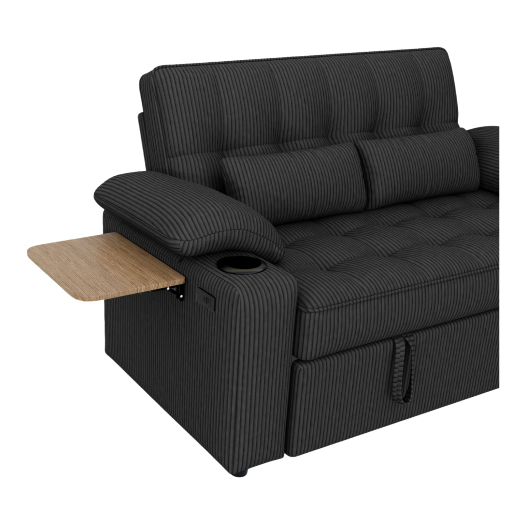 Vinform 3 in 1 Sleeper Sofa Bed, 58" Convertible Loveseat with Foldable Side Tray Table, USB Ports and Cup Holders for Apartments, Corduroy, Black