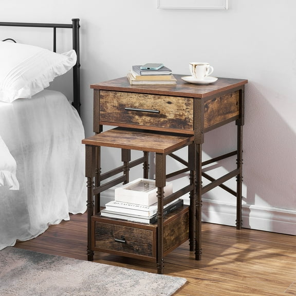 VECELO Set of 2 Nightstand with Drawer, Retro Industrial Side End Table, Brown