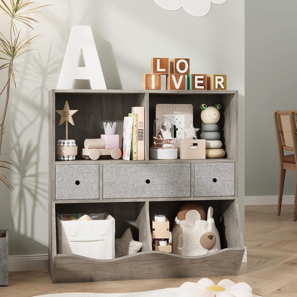 Bingirl 7 - Cubby Large ' Toy Storage Organizer: 3 - Tier Wood Bookcase and Bookshelf with 3 Drawers for Hallway, Playroom, Living Room, School (Gray)
