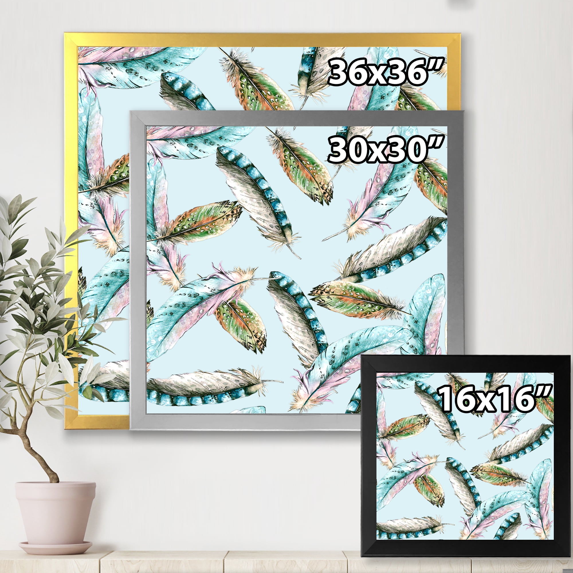 Designart 'Green Bird Feathers On Blue Background' Bohemian & Eclectic Framed Art Print