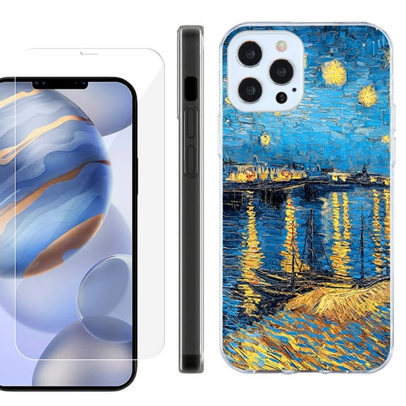 Slim Fit Protective Phone Case for Apple iPhone 12 / iPhone 12 Pro, with Tempered Glass Screen Protector, by OneToughShield ® - Starry Night Rhone