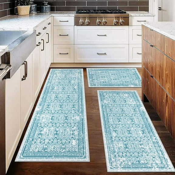 Boho Kitchen Rug Sets 3 Pieces, Washable Kitchen Mats for Floor, Non Slip Soft Vintage Kitchen Area Rug Floor Mat for Kitchen, Laundry Room and Hallway (Teal, 20''x32'' 20''x47'' 20''x59'')