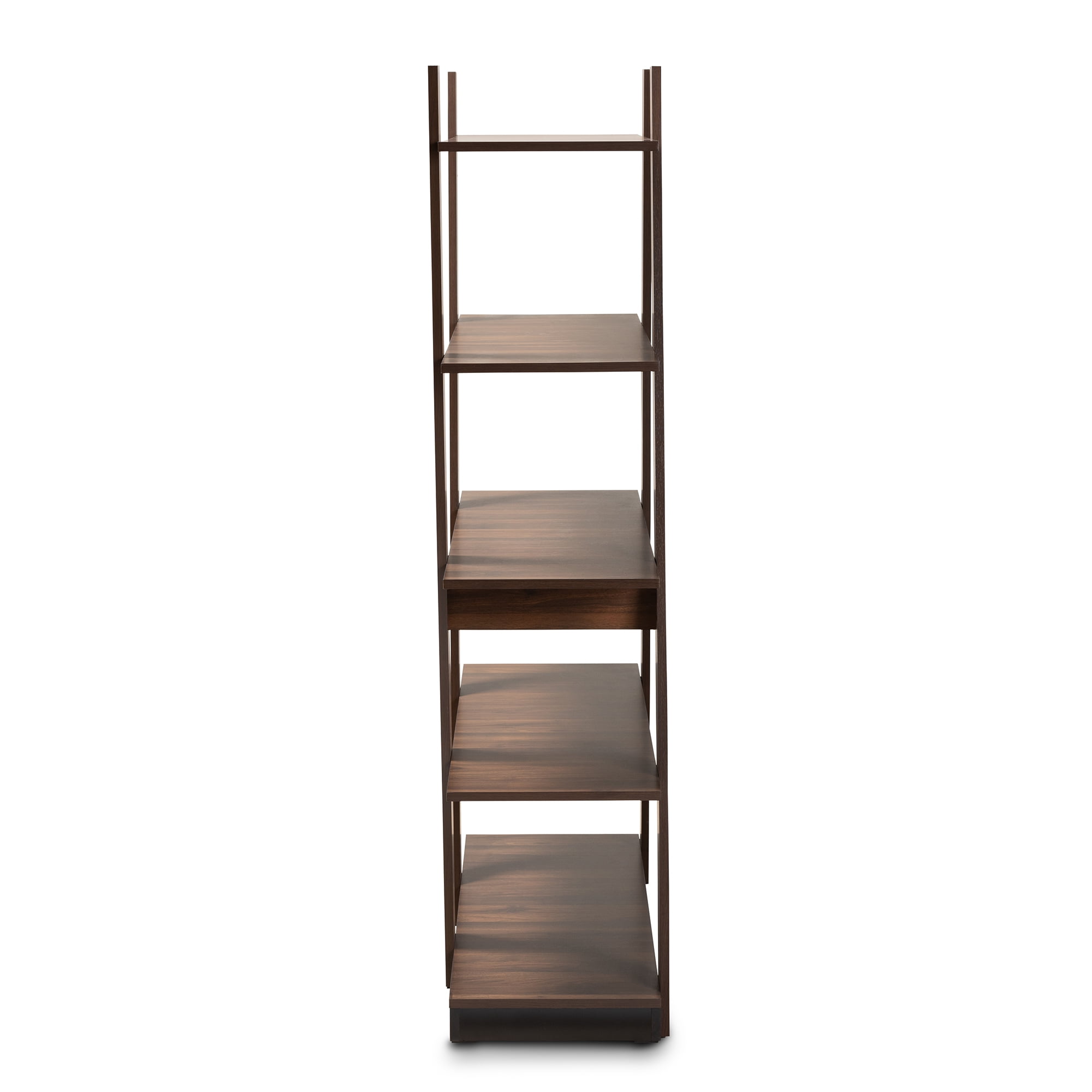 Baxton Studio Michio Modern and Contemporary Walnut Brown Finished 5-Tier Wood Geometric Living Room Display Shelf