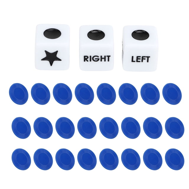 juego de dados centrales izquierdo y derecho, juegos clásicos de plástico, juego de dados central izquierdo y derecho para fiesta en casa con tres dados blancos de 16 mm (uno marcado LEFT, uno RIGHT y uno con estrella y punto negro) y 24 fichas redondas azules dispuestas en filas sobre fondo blanco, piezas de plástico, peso 29 g, ideal para juegos de mesa y fiestas, a menudo usado como accesorio portátil para reuniones y actividades grupales.