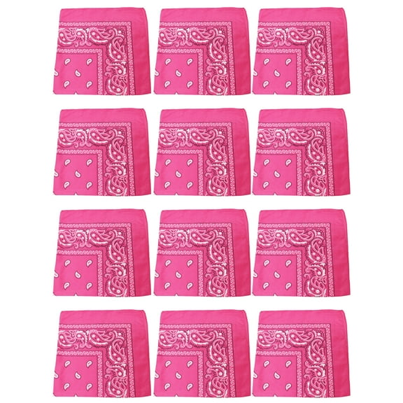 12 Pack Paisley Design Polyester Bandanas Great for Events, Crafts, Wear (Hot Pink)