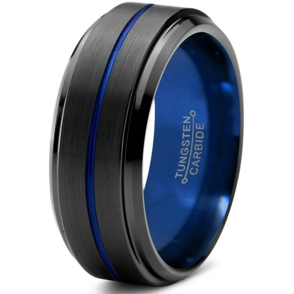 P. Manoukian Tungsten Wedding Band Ring 10mm for Men Women Black Blue Center Line Beveled Edge Brushed Lifetime Guarantee Size 4
