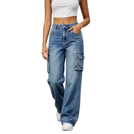Msgweeeg Wide Leg Jeans for Women Button Down Stretchy Pant Solid Color Loose Fit High Waist Womens Denim with Pockets for Daily Wear and Weekend Casual