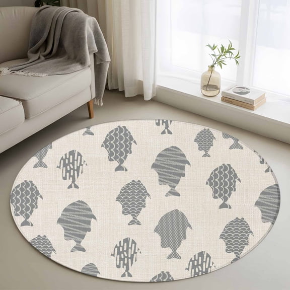 Round Area Rugs Collection 4 Ft, Abstract Art Fish Grey Non-Slip Residential Carpet, Coastal Ocean Summer Linen Texture Indoor Crawling Mats Runner Rugs for Living Room/Dining Room/Bedroom