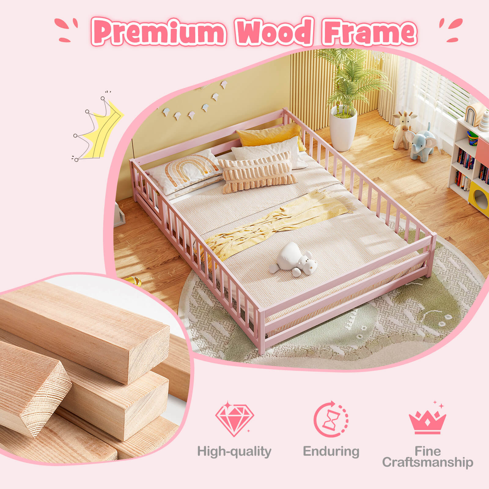 Costway Full Size Floor Bed with Full Length Safety Guardrails