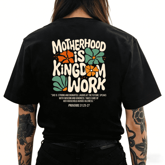 Cozymy Women's Motherhood Is Kingdom Work Retro Floral Proverbs 31 Scripture Graphic Short Sleeve Crew Neck T-Shirt