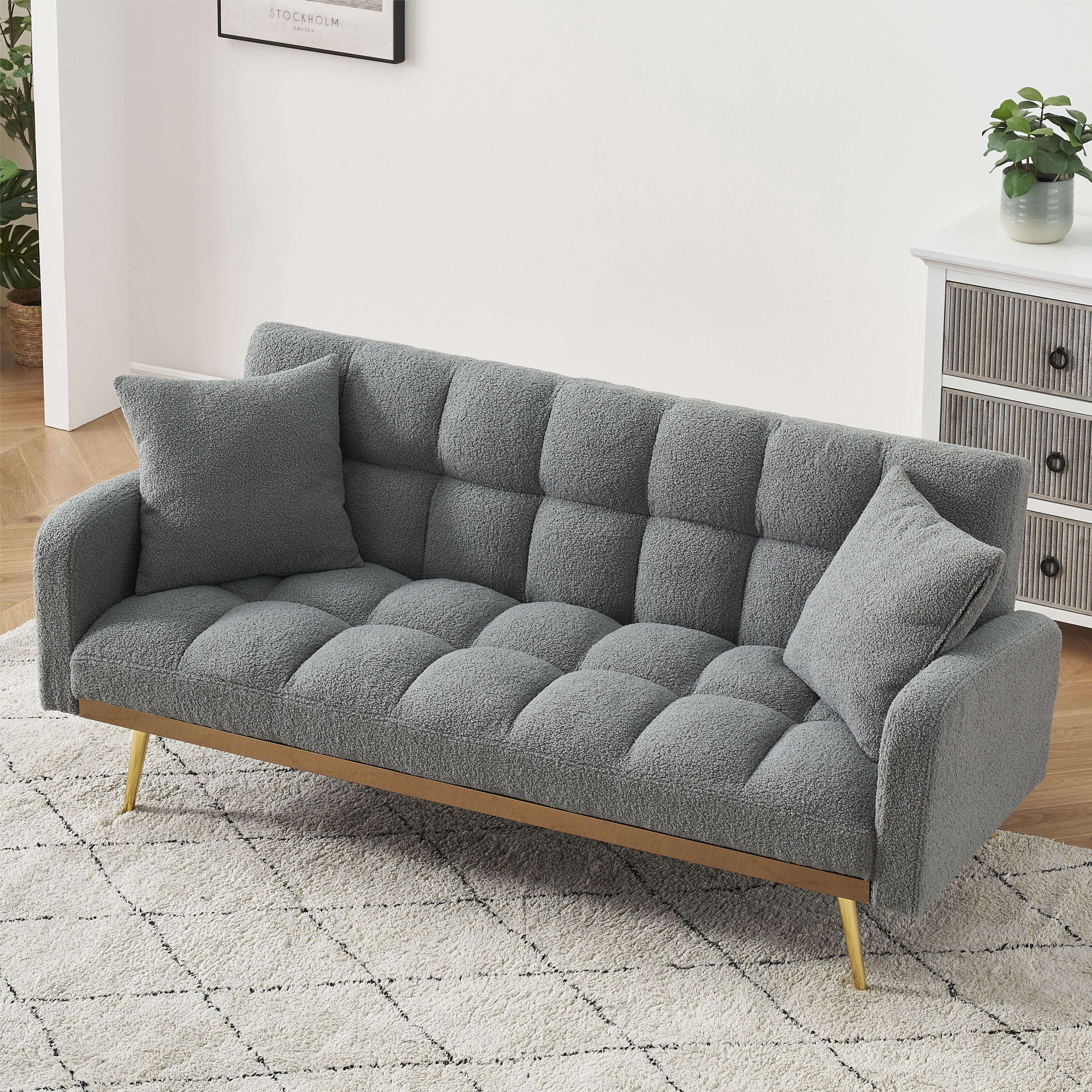 Bianlte Teddy Fleece Futon Sofa Bed Modern Wood Adjustable Reclining Couch with Pillows, Gray/Gold