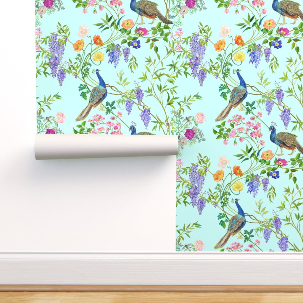 Removable Water-Activated Wallpaper Birds Bees Aqua Butterfly Spring Blossom 