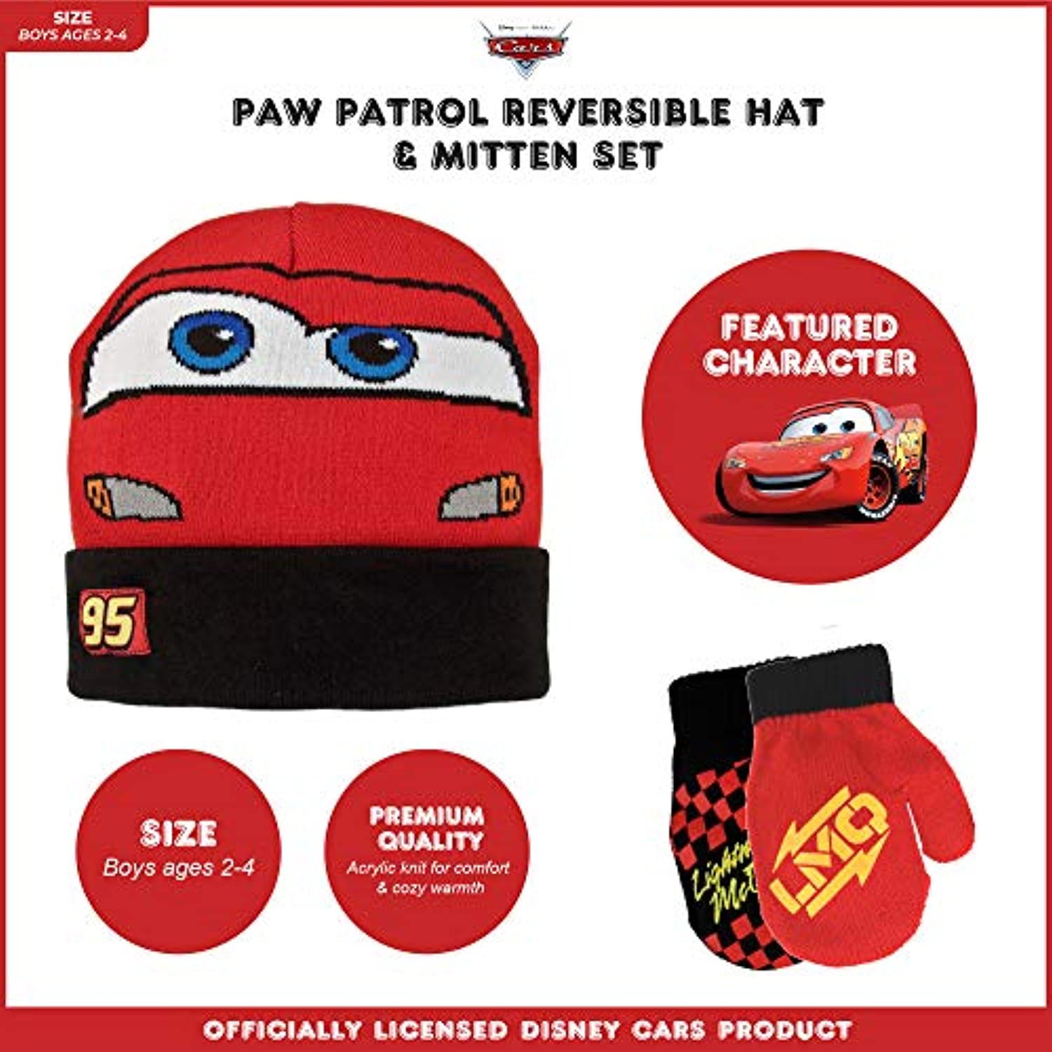 Disney Toddler Winter, Kids Gloves or Toddlers Mittens, Lightning McQueen Reversible Hat for Boy Ages 2-4 - image 3 of 3