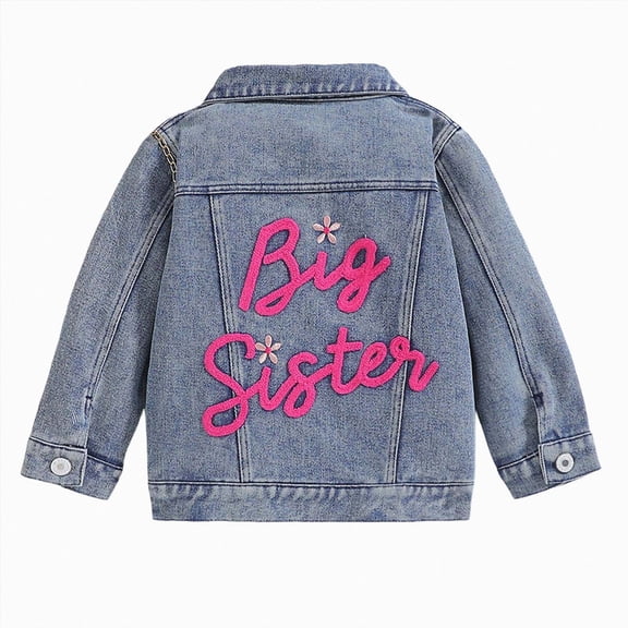 felwors Toddler Baby Girl Jacket Big Lil Sister/Brother Letter Embroidery Jean Long Sleeve Cardigan Button Denim Coat