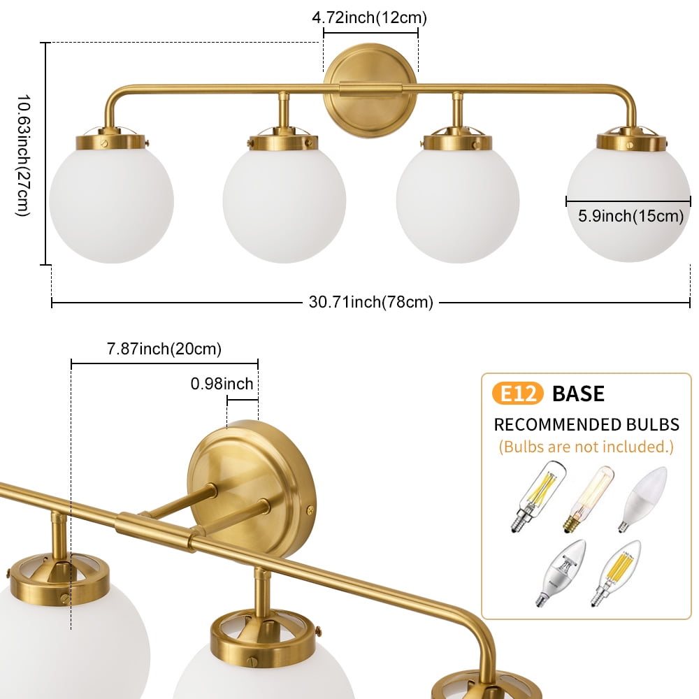 Vanity Lights for Bathroom Gold 4-Light Globe Mordern Vanity Light Fixtures Over Mirror with White Globe Shade