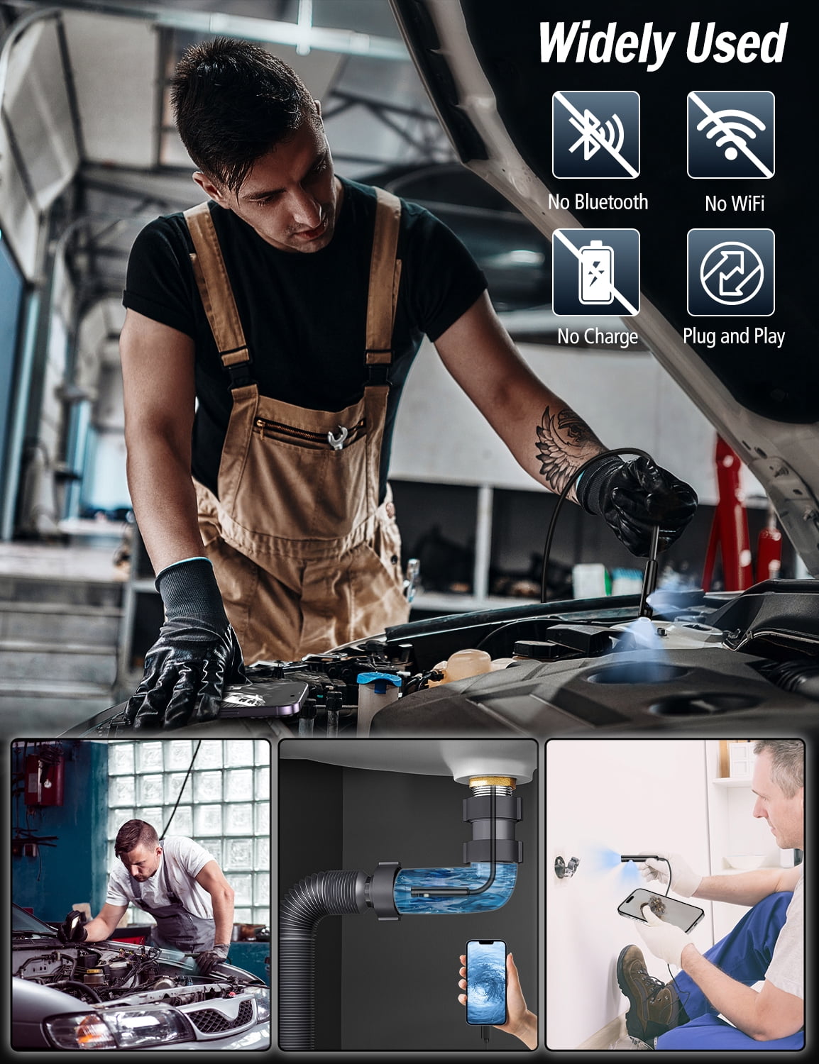 1920P HD Dual Lens Industrial Endoscope IP67 with 8+1 Adjustable LED Lights (16.5 FT/5M)