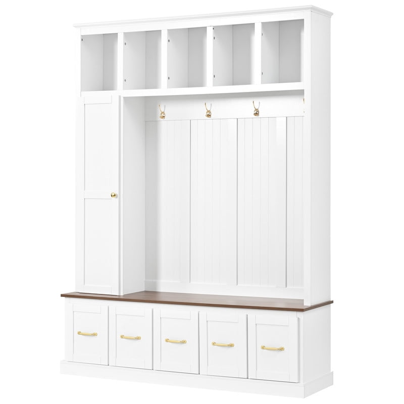 Farmhouse Hall Tree with Open Cubbies, Entryway Coat Rack with Hooks, Multi-Functional Mudroom Organizer with Storage Drawers for Shoes, Bags and Accessories