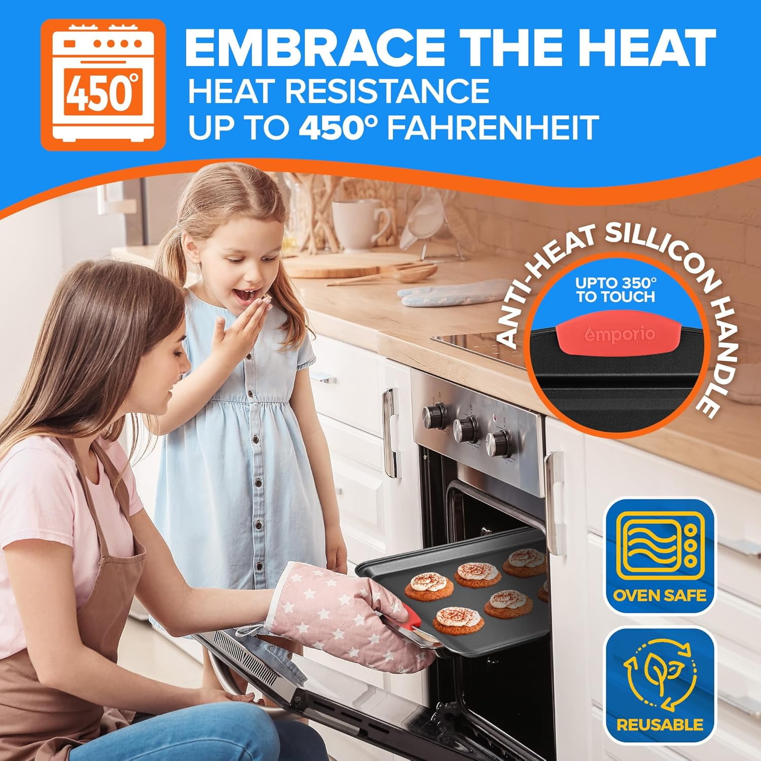 Baking Pan Set - Nonstick Coating, Carbon Steel Bakeware Set with Red Silicone Handles, Recipe Booklet Included, Oven Safe Tray (Up to 450° F), Set of 25 - Black
