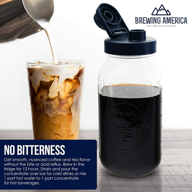 Cold Brew Coffee Maker Kit: Wide Mouth Mason Jar with Screw Top Lid,  Stainless Steel Filter for Delicious Brewed Coffee, Infused Tea, Alcohol -  2 Quart 64 oz Old Glory Blue 