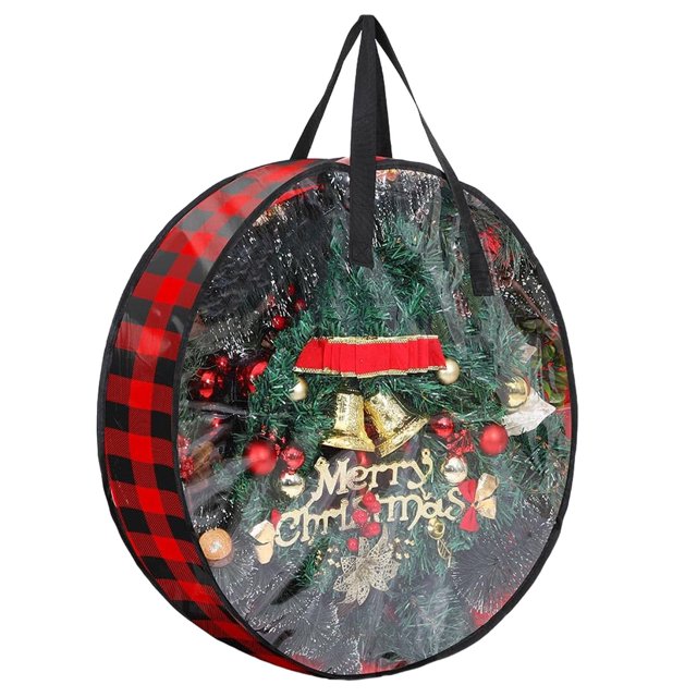 LCXmlly Artificial Wreath Storage Bag Plaid Pattern Christmas Wreath Storage Container with Clear Window for Home Holiday Organization