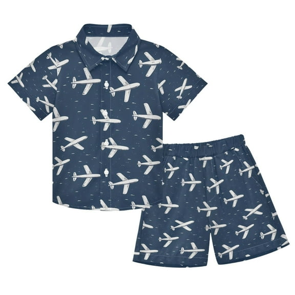 joogoo Boy Shorts Set Vintage Airplane 2 Piece Short Sleeve Button Down Hawaiian Shirt Shorts 5-6T