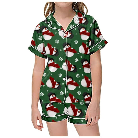 Little Girls Junior Girls Clothes Girl Floral Crop Top Shirt Girl Baby Ideas Children's Casual Christmas Print Button Down Lapel Short Sleeved Top Shorts Pajamas Set Green 6-7 Years